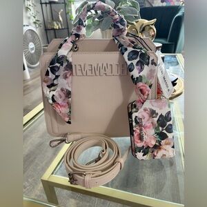 Steve Madden Bevelyn Cream Floral-Accent Satchel with Scarf Handle